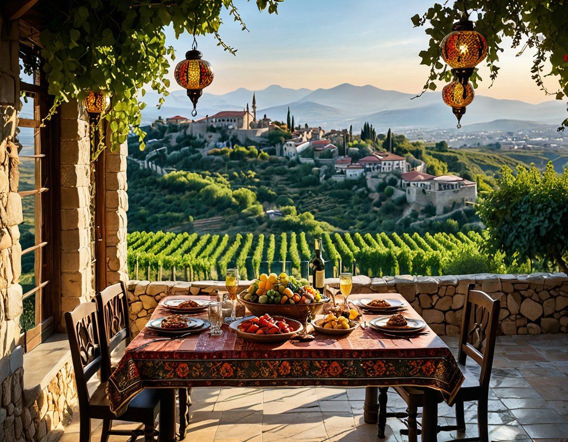 A vibrant Turkish vineyard scene, showcasing lush grapevines under a golden sun, with a traditional wooden table set for a feast featuring Turkish cuisine like meze, grilled kebabs, and colorful salads. Include a backdrop of rolling hills and distant mountains, complemented by elements of Turkish culture such as a mosaic tile pattern and hanging lanterns. super-realistic. vibrant colors. 3D.