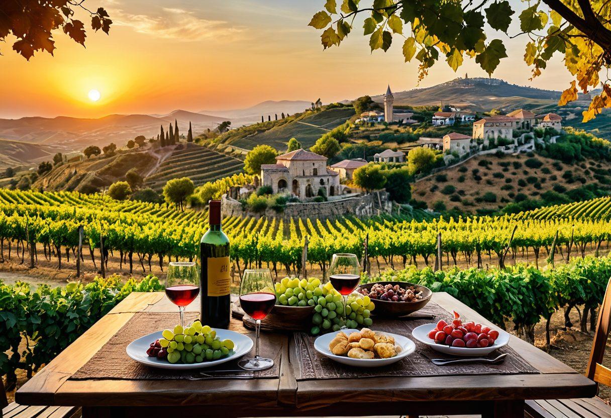 A picturesque vineyard landscape in Turkey, showcasing rows of grapevines with lush green leaves under a golden sunset. Include traditional Turkish wine bottles and glasses elegantly arranged on a wooden table, surrounded by local delicacies. In the background, ancient stone architecture and rolling hills enhance the cultural richness. The image should evoke a sense of warmth and heritage. super-realistic. vibrant colors. golden hour lighting.